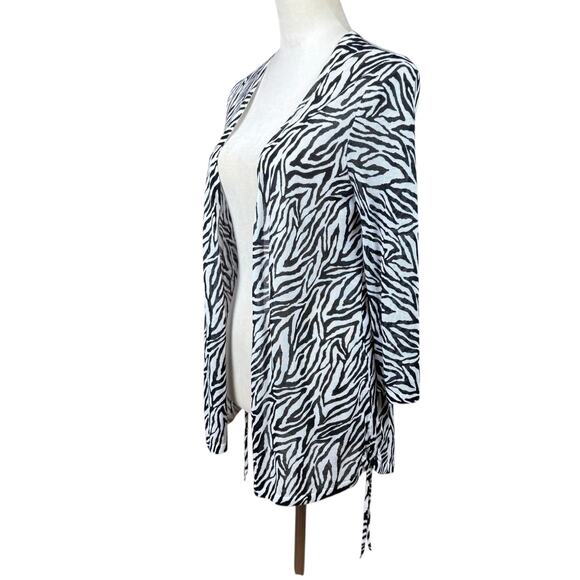 Chico’s 1 Rita Side Ruched Zebra Thin Knit Lightweight Open Layering Cardigan - Picture 5 of 16